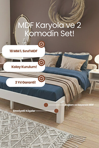 RENAZZO Damla 2'li Başlıklı Doğal Masif Ahşap Karyola ve İki Adet Komodin Set...