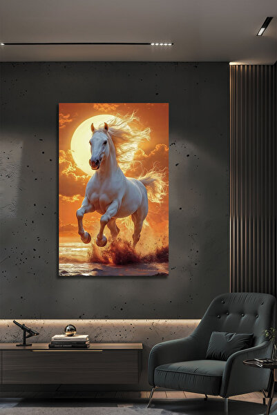 B&G DESIGN Günbatımında Şahlanan Beyaz At Tasarımlı Dekoratif Temperli Modern...