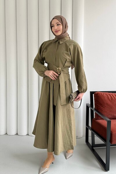 Modaensarbutik Ceket Toka Detay Paraşüt Kumaş Etekli Tesettür Takım-HAKİ YEŞİL