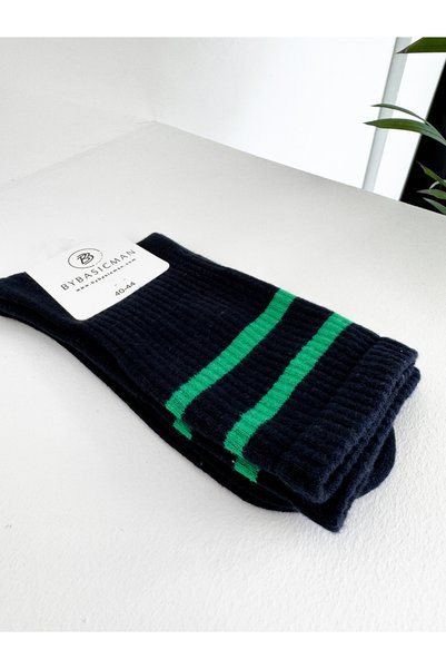 BYBASICMAN Navy Blue Green Striped Socks 2
