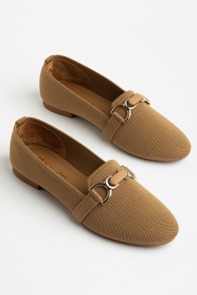 Dilimler Ayakkabı Büyük Beden Kadın Babet Vizon Tekstil Yuvarlak Burun Tokalı