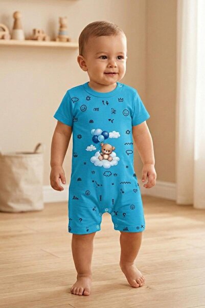 LUCEVERA Ayıcık Baskılı Unisex Bebek Tulum Pamuklu Yazlık Bebek Tulum 0-24 Ay