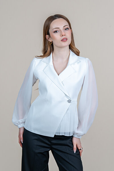 MissVina Chiffon Jacket with Sleeves, Collar, Single Button Detail Blouse Jac...