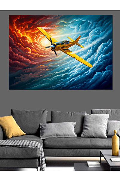 Artmeg Avion galben care zboară peste nori - Pânză decorativă - Tablou din le...