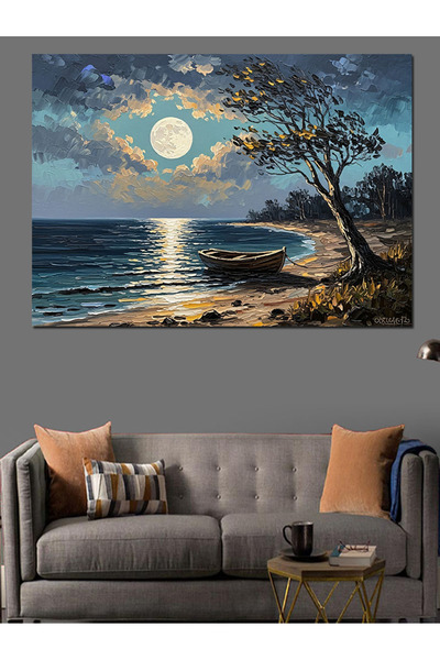 Artmeg Noapte sub Lună Plină și Decor Marin - Pânză Decorativă - Masă din Lem...