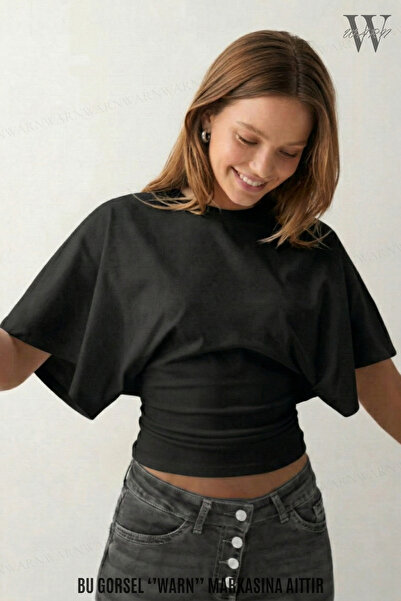 warn Women's Stretch Fabric Bat Model Wide Sleeve Crew Neck Fitted Waist Blouse