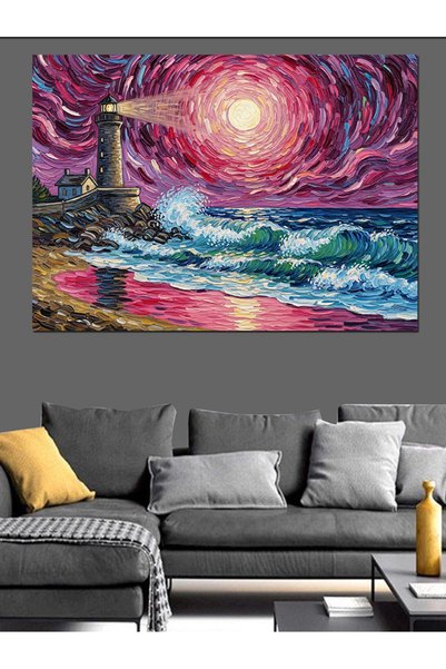 Artmeg Lighthouse Light in the Purple Sky Decorative Canvas - Mdf Wood Painting