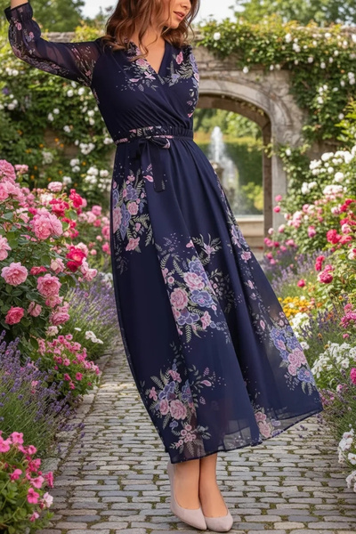 AZRA BUTİK Long Floral Chiffon Dress - Navy