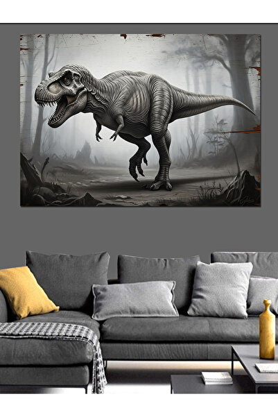 Artmeg Pânză decorativă cu dinozaur alb-negru T-Rex - Tablou din lemn MDF