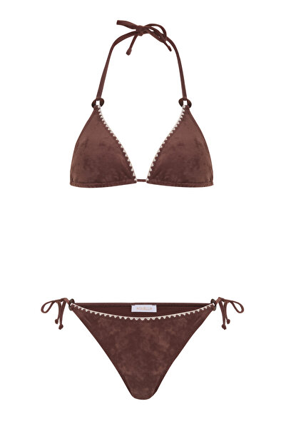AQUELLA Suede Textured Bitter Brown Triangle Bikini Set