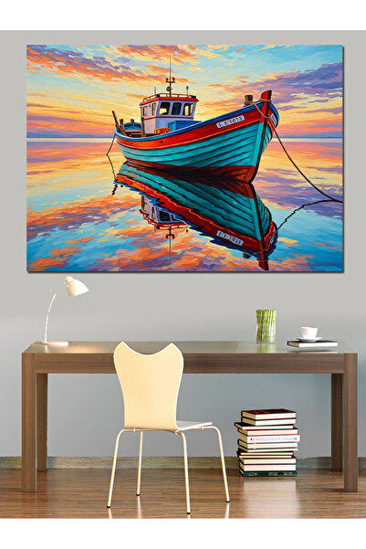 Artmeg Pânză decorativă cu barca pescarilor pe mare la apus de soare - Tablou...