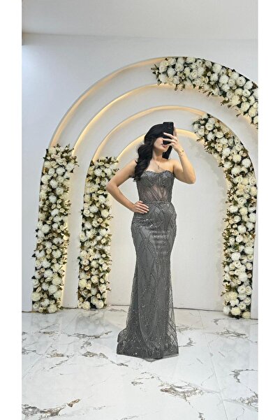 ABİYECİM ABİYE Abiye - Straplez sırt arka bağıcıklı sabit taş işleme balık El...