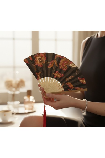 Kuzey Tacı Bambu Canvas Geleneksel Batik Desenli Bez Yelpaze -Doğal Bambu İsk...