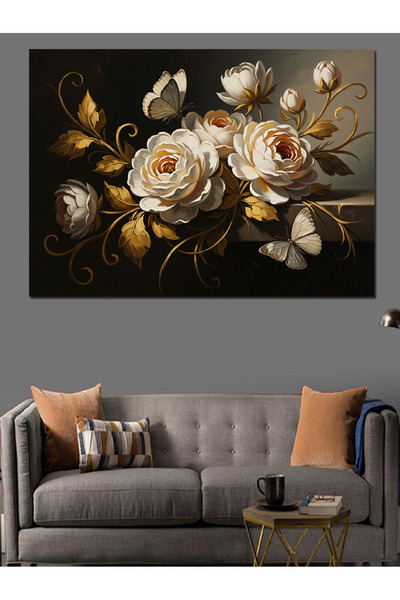Artmeg Trandafiri albi și fluturi într-o vază - Pânză decorativă - Masă din l...