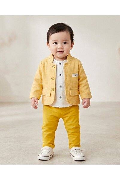 VOY KİDS Yellow Holiday Muslin Suit for Baby Boys 6-9-12-18 Months Stylish Ba...