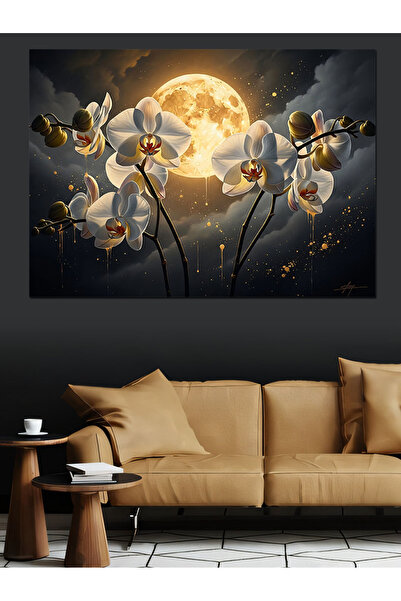 Artmeg Decorative Canvas with Flowers and Moon at Night - Mdf Wooden Table