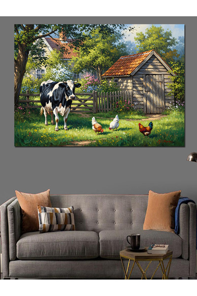Artmeg Çiftlik Evi Önünde Otlayan İnek Dekoratif Kanvas - Mdf Ahşap Tablo
