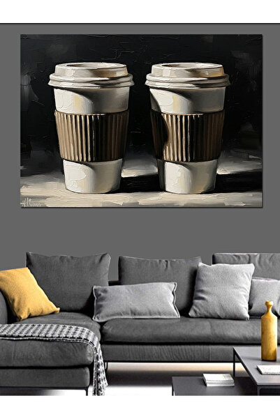 Artmeg Two Coffee Decorative Canvases Side by Side on the Table - Mdf Wood Table