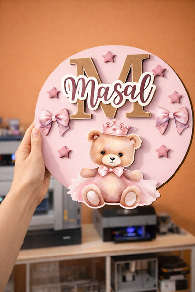 Agulab Pembe Ayı 3 Katmanlı İsme Özel Işıklı İsimli Bebek Kapı Süsü- Hastane ...