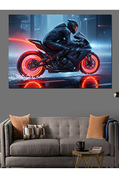 Artmeg Neon Işıklı Gece Yarış Motosikleti Dekoratif Kanvas - Mdf Ahşap Tablo