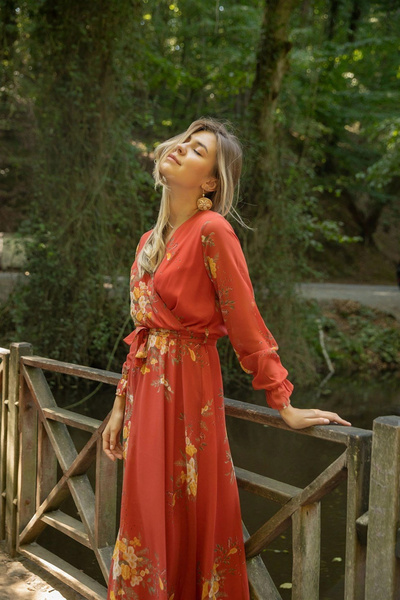 AZRA BUTİK Long Floral Chiffon Dress - Tile