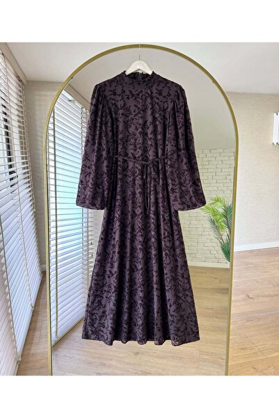 MY QILAM Kadın Tesettür Uzun Elbise Flok Baskılı Dantel Detaylı Astarlı Şık D...