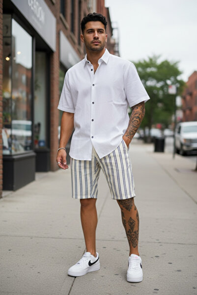 dehaine Pantaloni sucrti casual pentru barbati, in dungi, slim fit, 13129 crem