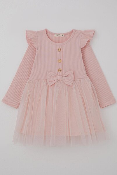 Breeze Κοριτσίστικο μακρυμάνικο φόρεμα με φιόγκο στον ώμο Λεπτομέρεια με βολά...