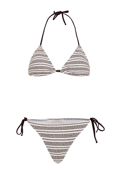 AQUELLA Knitwear Brown Striped Ecru Triangle Bikini Set