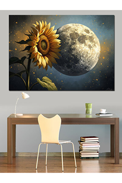 Artmeg Pictură decorativă pe pânză cu peisaj cu floarea-soarelui și lună plin...