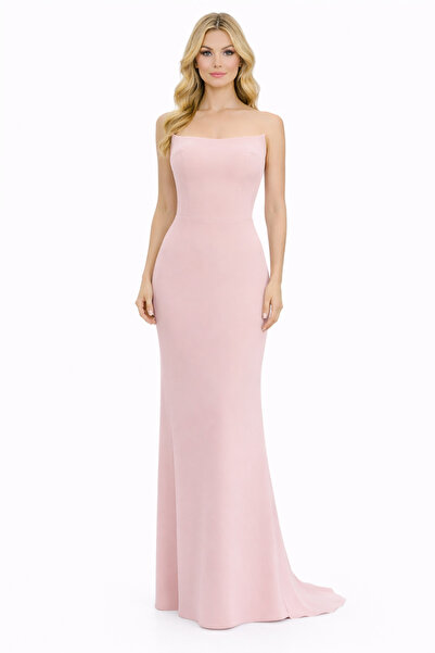 Hüseyin Baştürk Straplez Beli Oval Krep Şallı Abiye