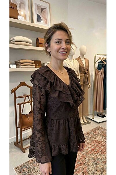 Olea Valonlu Flock Printed V-Neck Bluz