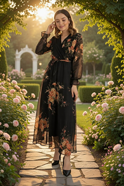 AZRA BUTİK Long Yellow Floral Chiffon Dress - Black