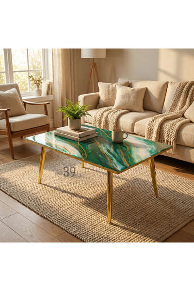 39 Art Studio EMERALD REGALIA – Lüks Geode Epoksi Orta Sehpa 50x70 cm | Altın...