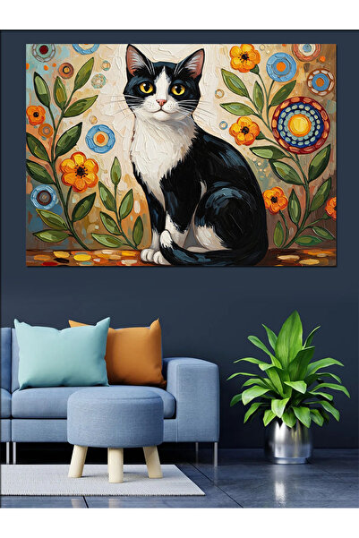 Artmeg Pânză decorativă cu pisică alb-negru pe fundal cu model - Tablou din l...