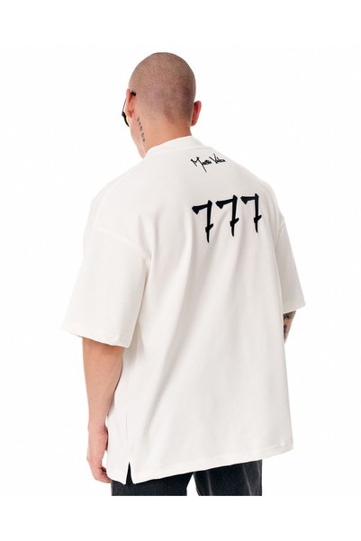 martin valen Men's "777" 3D Print Detailed White Designer Oversized T-Shirt