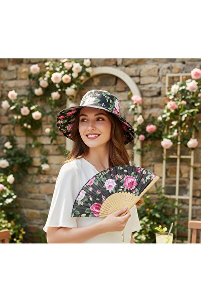 Kuzey Tacı 2'si 1 Arada Katlanabilir Çiçek Desenli Yelpaze Güneş Şapkası Bamb...