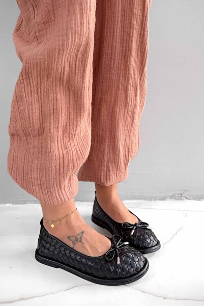 Shoebutik Elara Black piele din material subțire Talpă plată Femei balerini