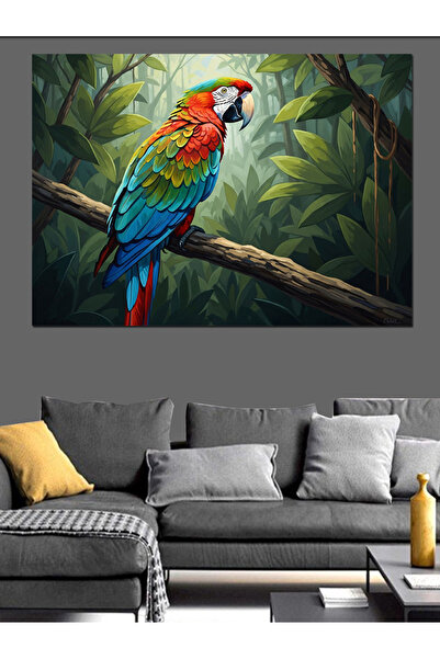 Artmeg Tablou decorativ cu papagal colorat pe o ramură - Tablou din lemn MDF