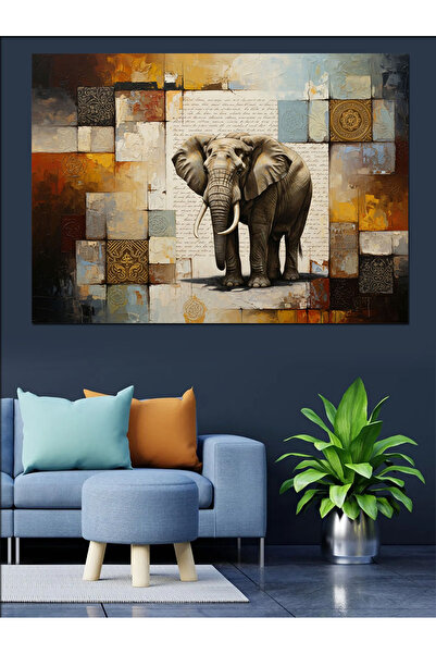 Artmeg Pictură decorativă cu elefant colorat cu model mozaic - Tablou din lem...