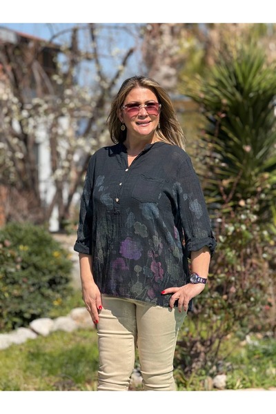 Punta Otantik Yg14090 Italian Three Button P Cotton K Linen Blouse Black