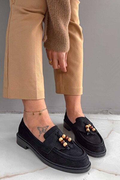 Shoebutik Bubble Black Antilop Ženske mokasine sa detaljnim perlicama i resicama