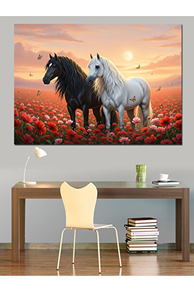 Artmeg Doi cai nobili într-un câmp de mărar - Pânză decorativă - Masă din lem...