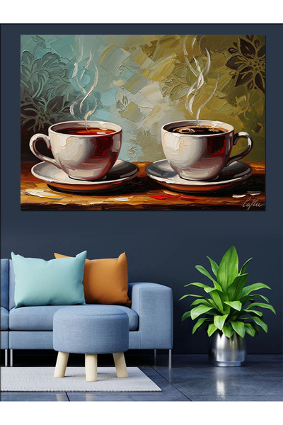 Artmeg Two Coffee Cups Standing Side by Side Decorative Canvas - Mdf Wood Table
