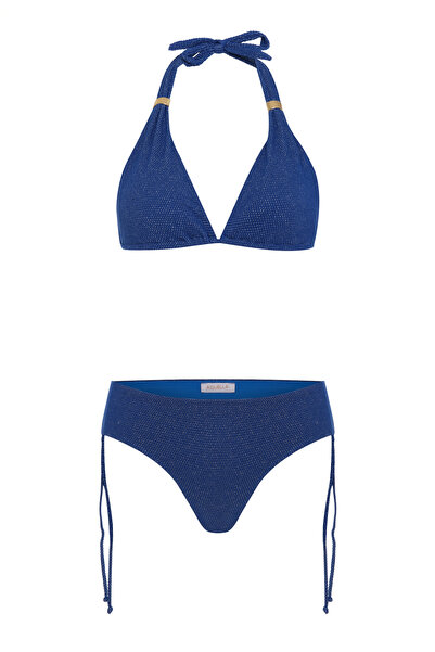 AQUELLA Silver Glittery Textured Cobalt Blue Long Triangle Bikini Set