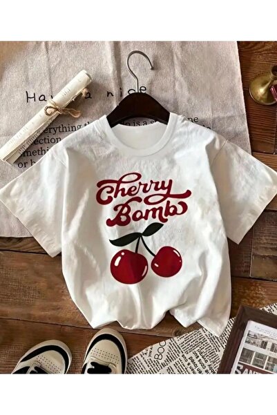 Oceanwear Chery Bomb Kiraz Baskılı Bisiklet Yaka Kısa Kol Kadın Düz Beyaz Tshirt