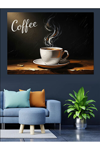 Artmeg Pânză decorativă cu cafea fierbinte pe fundal negru - Masă din lemn MDF