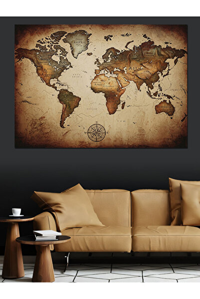 Artmeg World Map Chart on Antique Paper Decorative Canvas - Mdf Wood Painting