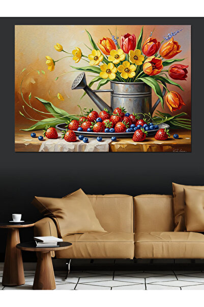 Artmeg Pictură cu lalele și fructe, natură moartă, pe pânză decorativă - Tabl...