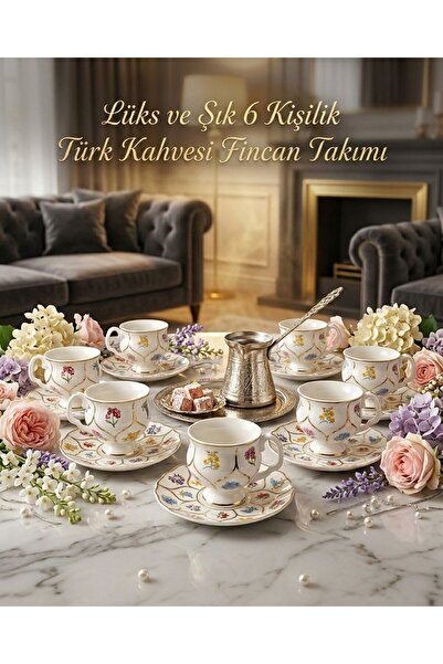 Ogeda Home, Mien 6'lı Gold Detaylı Çiçekli Fincan Takımı- 6 Kişilik Gold Çiçe...